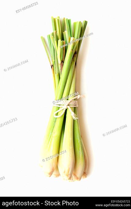 Fresh green lemongrass tied with rope, isolated on white background