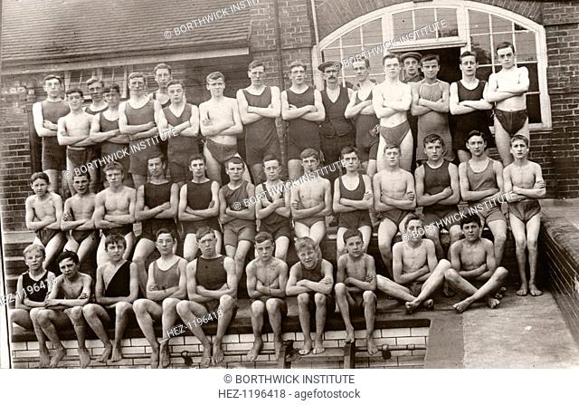 Rowntree?s Boys Life Saving Society, York, Yorkshire1911. Winners of awards 1911. Yearsley Baths were built in 1909 by Rowntree & Co and given to York...