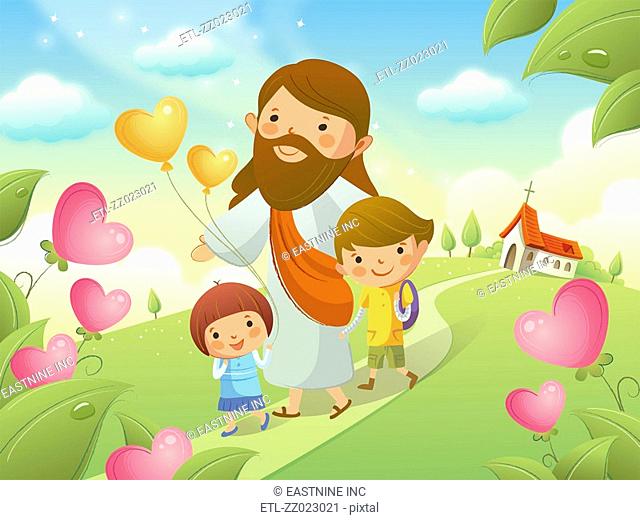 Jesus Christ walking with two children