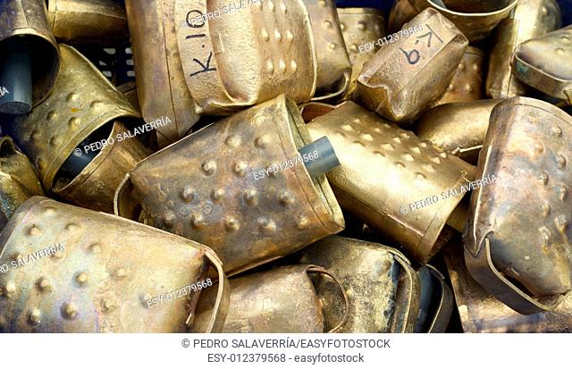 Cowbells for cattle at a local flea market, Biescas, Pyrenees, Huesca, Spain