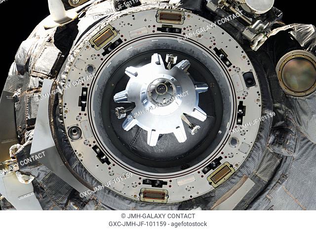 This close-up view shows the docking mechanism of the Soyuz TMA-03M spacecraft as it undocks from the International Space Station's Rassvet Mini-Research Module...