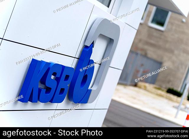 19 December 2023, Rhineland-Palatinate, Frankenthal: The KSB company logo is displayed on the façade of the headquarters in Frankenthal
