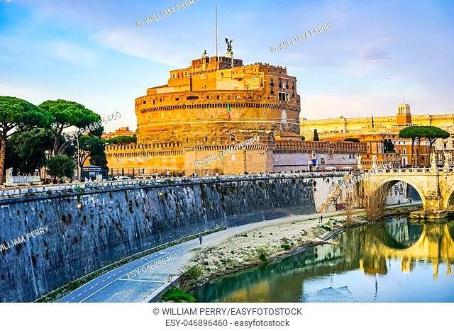 Ponte Bridge Castel Saint Angelo Tiber River Reflection Rome Italy. Bridge first built by Emperor Hadrian in 134AD