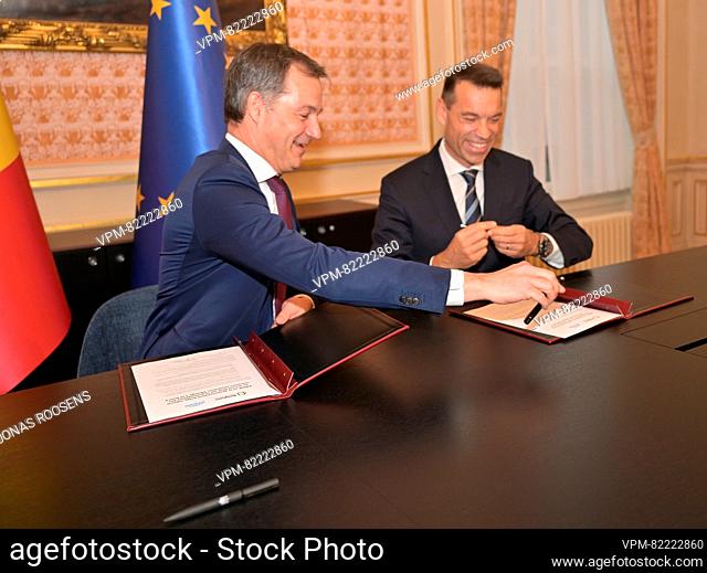 Prime Minister Alexander De Croo and Engie Belgium CEO Thierry Saegeman pictured during a press moment after an agreement was found between federal government...