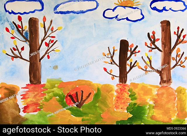 Colored autumn children's drawing with trees yellow leaves and clouds. Painting watercolor landscape with trees clouds in autumn
