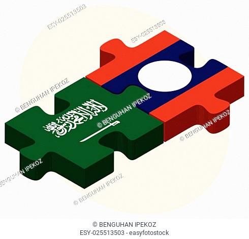 Saudi Arabia and Laos Flags in puzzle isolated on white background