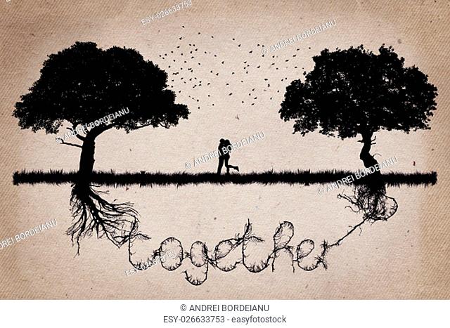 Two trees in front of each other with their roots growing in shape of the word together and a couple hugging in the middle. Romantic scene