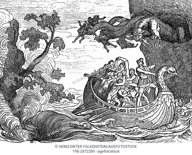 The six-headed monster Scylla and the whirlpool Charybdis, Homer's Odyssey