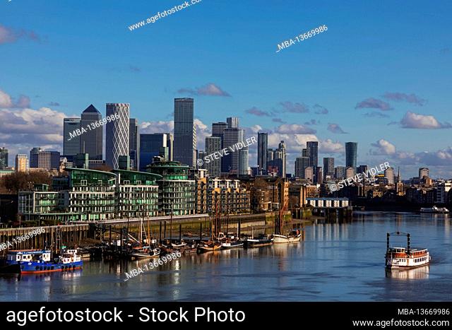 England, London, Docklands, River Thames and Canary Wharf Skyline
