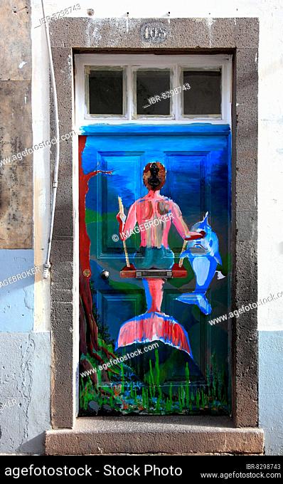 Funchal, colourful painted doors in the old town, The art of open doors in Santa Maria street, Madeira Island, Portugal, Europe