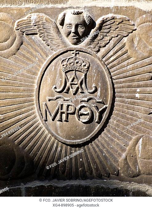 Relief on a house door lintel, Sos del Rey Catolico. Cinco Villas, Zaragoza province, Aragon, Spain