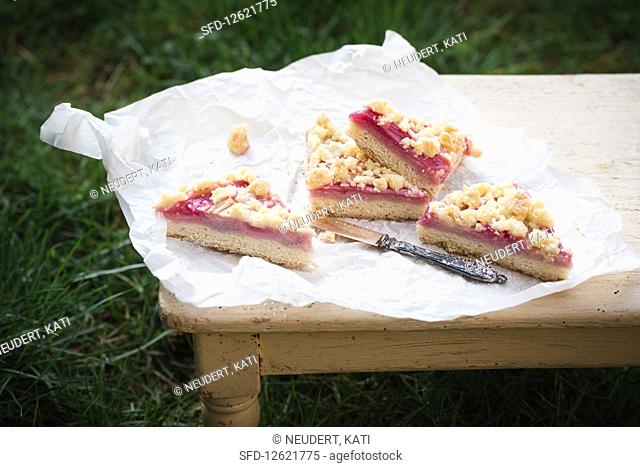 Vegan crumble cake with rhubarb and raspberry semolina cream