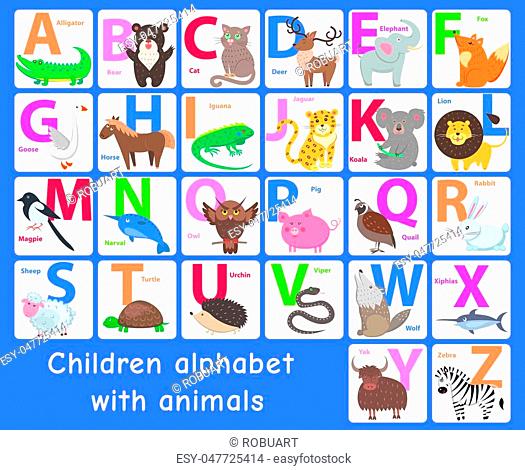 Children alphabet with animals. Letters A, B, C, D, E, F, G, H, I, J, K, L,  M, N, O, P, Q, R, Stock Vector, Vector And Low Budget Royalty Free Image.