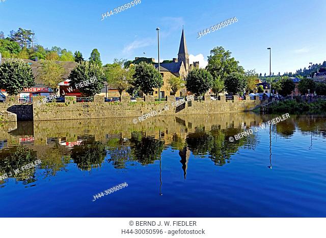 River, Ourthe, local view, church, fortress, La Smelling Roche-en-Ardenne Belgium
