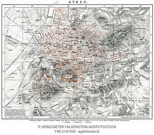 Historical map of Athens, 19th century, 1894, Greece, Europe,