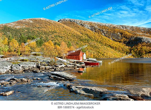 Fishing cabins by Valnesvatnet Lake, Nordland, Norway, Scandinavia, Europe
