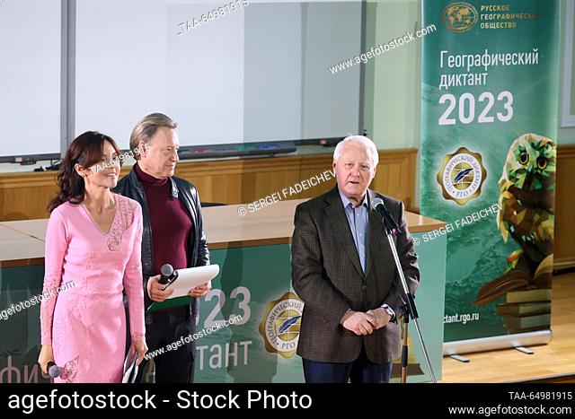 RUSSIA, MOSCOW - NOVEMBER 19, 2023: TV host Anastasia Chernobrovina, actor Dmitry Kharatyan and Russian Geographical Society vice president