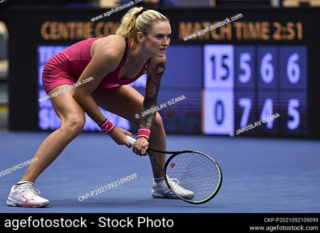 Czech Tereza Martincova in action during the match against Katerina Siniakova of Czech Republic during the J&T Banka Ostrava Open 2021 women's WTA indoor tennis...