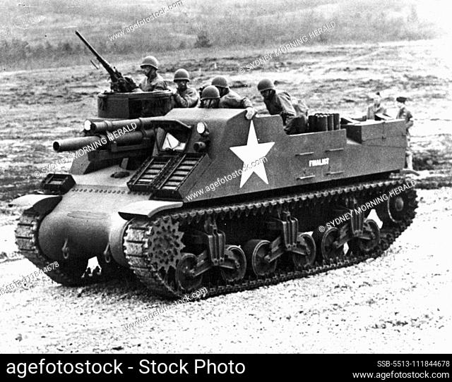 New U.S. Tank Destroyer -- A new U.S. tank destroyer, self propelled anti-tank gun of 105 mm. The unit, which uses tank type tracks for propulsion