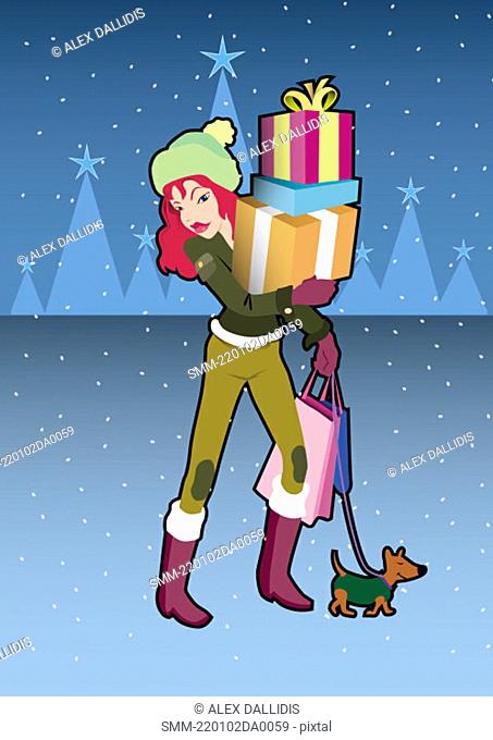 Woman returning from shopping with many presents