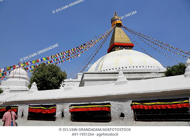 Nepal, City of Katmandu, buddhist Boudnath tibetan temple, the big stuipa and prayers flags