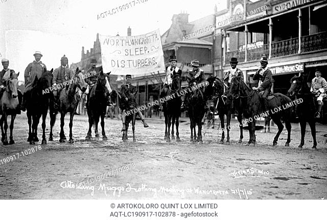 Negative - 'North Wangaratta Sleep Disturbers', Attending Muggs' Trotting Meeting, Wangaratta, Victoria, 21 Jul 1915, Boys in fancy dress on horseback at the...