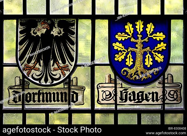 Historical coats of arms of Dortmund and Hagen, Museum der Grafschaft Mark, Altena Castle, Altena, Sauerland, North Rhine-Westphalia, Germany, Europe