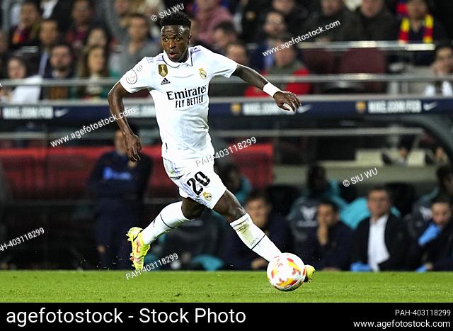 Vinicius Jr (Real Madrid CF) in action during Kings Cup football match between FC Barcelona and Real Madrid CF, at Camp Nou Stadium April 5, 2023 in Barcelona