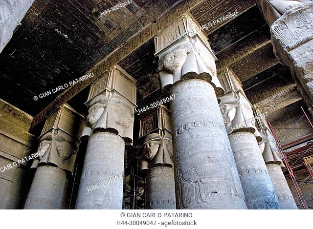 Egypt, Dendera, Ptolemaic temple of the goddess Hathor.View of ceiling and columns