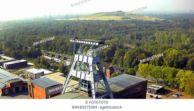 aerial view to double-rack winding tower of disused disused coal mine Ewald, Germany, North Rhine-Westphalia, Ruhr Area, Herten