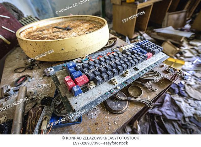 Office room of abandoned Jupiter Factory in Pripyat ghost town of Chernobyl Nuclear Power Plant Zone of Alienation in Ukraine
