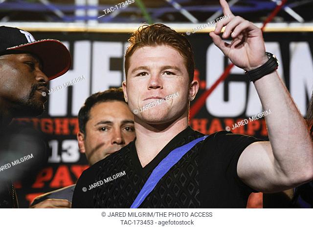 Boxers Floyd Mayweather Jr and Saul ""Canelo"" Alvarez at The ONE press confrence at L.A. Live on July 2, 2013 in Los Angeles, California