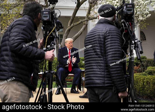 United States President Donald J. Trump participates in a Fox News Virtual Town Hall with Anchor Bill Hemmer, in the Rose Garden of the White House in...