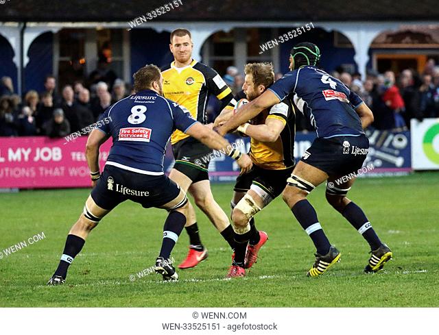 Action from the Greene King IPA Championship Rugby Union match between 3rd placed Bedford Blues and Ealing Trailfinders, currently in 2nd, at Goldington Road