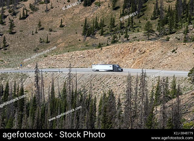 Monarch, Colorado - A truck makes its way up US Highway 50 towards the continental divide at Monarch Pass