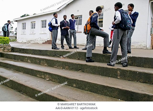 School children on stairway, St Mark's School, Mbabane, Hhohho, Kingdom of Swaziland