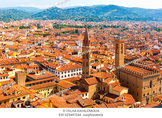 View of city rooftops and Palazzo del Bargello at morning from Palazzo Vecchio in Florence, Tuscany, Italy