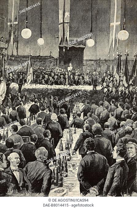 Electoral banquet of monarchic associations in the Teatro Lirico in Milan, Italy, engraving from a photograph by Guigoni and Bossi from L'Illustrazione Italiana