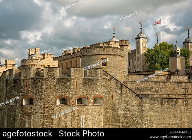 LONDON, UK - SEPTEMBER 08, 2017: View of the Tower of London on a sunny day. Important building part of the Historic Royal Palaces housing the Crown Jewels