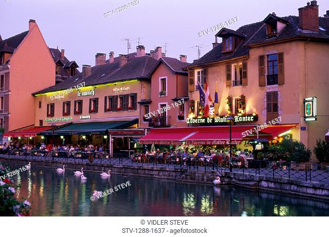 Annency, Crowd, Dining, France, Europe, Holiday, Landmark, People, Pond, Restaurant, Swans, Tavern, Tourism, Travel, Vacation