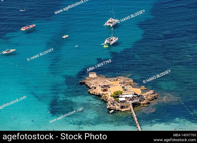 aerial view, illeta restaurant on small island with jetty on platja de camp de mar beach, andratx, mallorca, balearic islands, spain