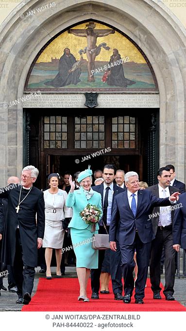 The president of the council of the Evangelical Church in Germany, Heinrich Bedford-Strohm (L-R), Queen Margrethe II of Denmark, German President Joachim Gauck