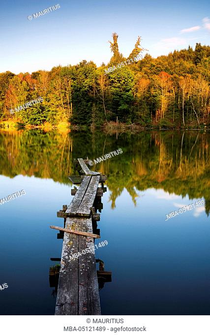 Germany, Bavaria, Augsburg Western Woods Nature Park, lake, Eggerhof, pond, bridge, autumn, summer, colours, light, blue, mood, panorama, scenery