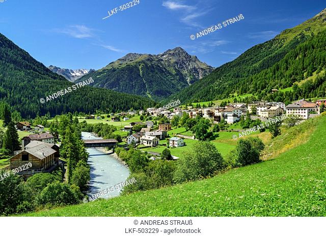 View to Lavin with Inn river, Lower Engadin, Canton of Graubuenden, Switzerland