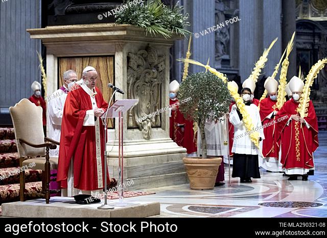Pope Francis celebrates Palm Sunday mass at St. Peter's Basilica in the Vatican, ITALY-28-03-2021  Journalistic use only