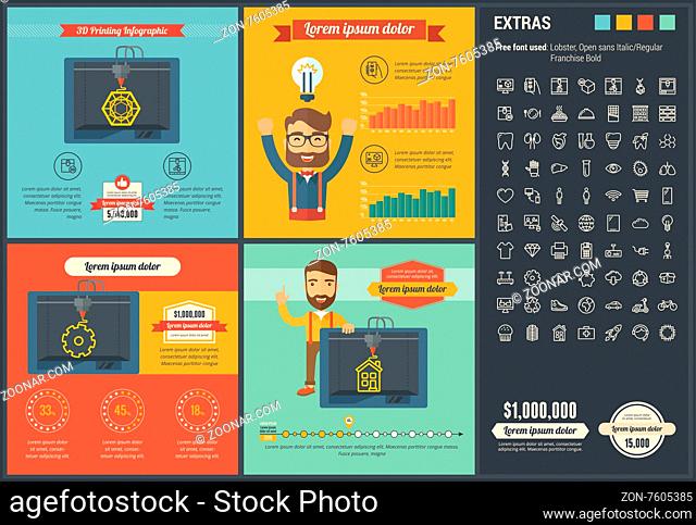 Three D printing infographic template and elements. The template includes illustrations of hipster men and huge awesome set of thin line icons