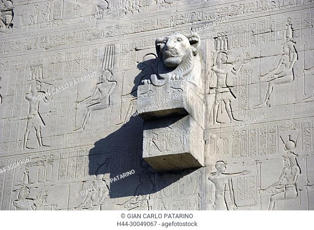 Lion-headed water spout on the outer wall of the Temple of Hathor at Dendera, Egypt