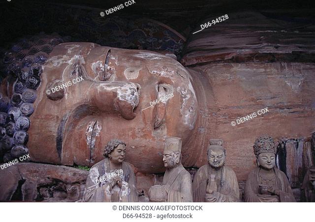 Buddha in nirvana with disciples (Baoding mountain Buddha), Dazu Rock Carvings. Sichuan, China