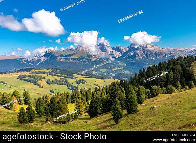 View over Seiser Alm, Alpe di Siusi, to Odle group, South Tyrol