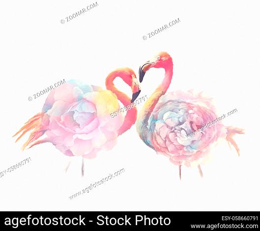 flamingo birds with flowers , watercolor painting